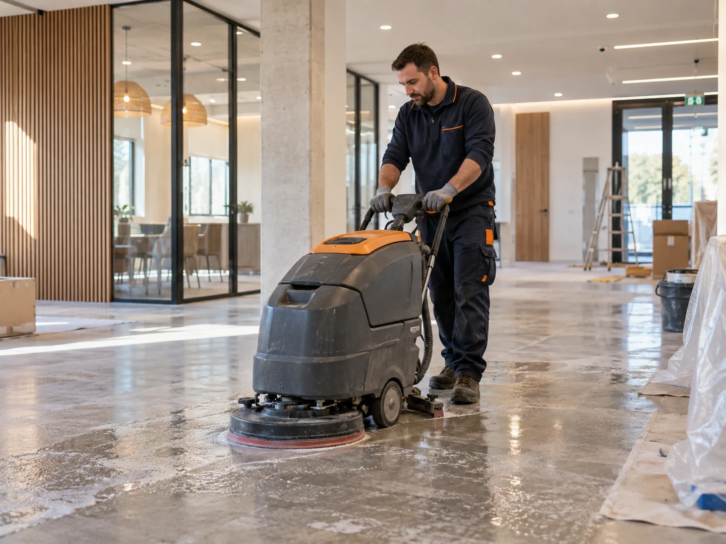 Agent réalisant un nettoyage technique de sol en fin de chantier