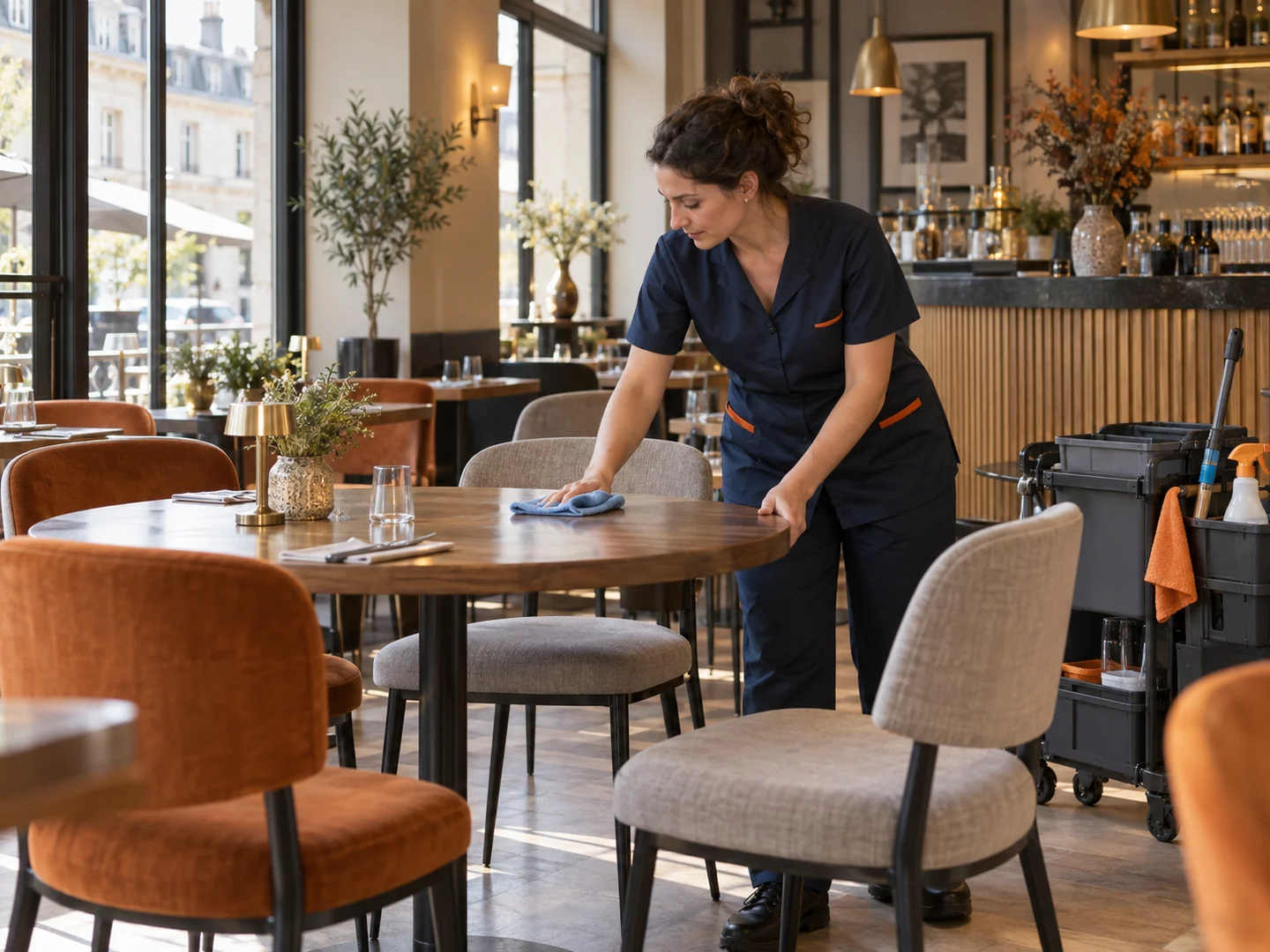 Agente de propreté entretenant la salle d’un restaurant avant l’ouverture